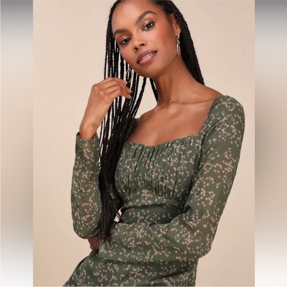 Lulus Perfectly Elevated Olive Green Floral Long Sleeve Midi Dress Size Large - Picture 4 of 5